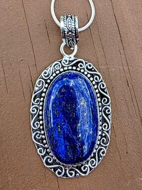 Lapis Lazuli Gemstone Pendant Necklace In 925 Sterling Silver (2.25")
